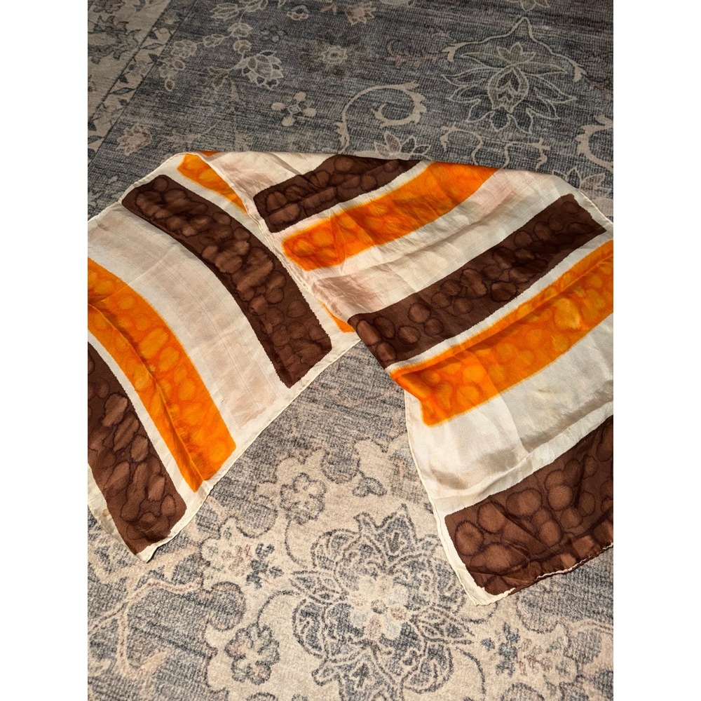 Vintage Striped Silk Scarf Brown Orange White Dots